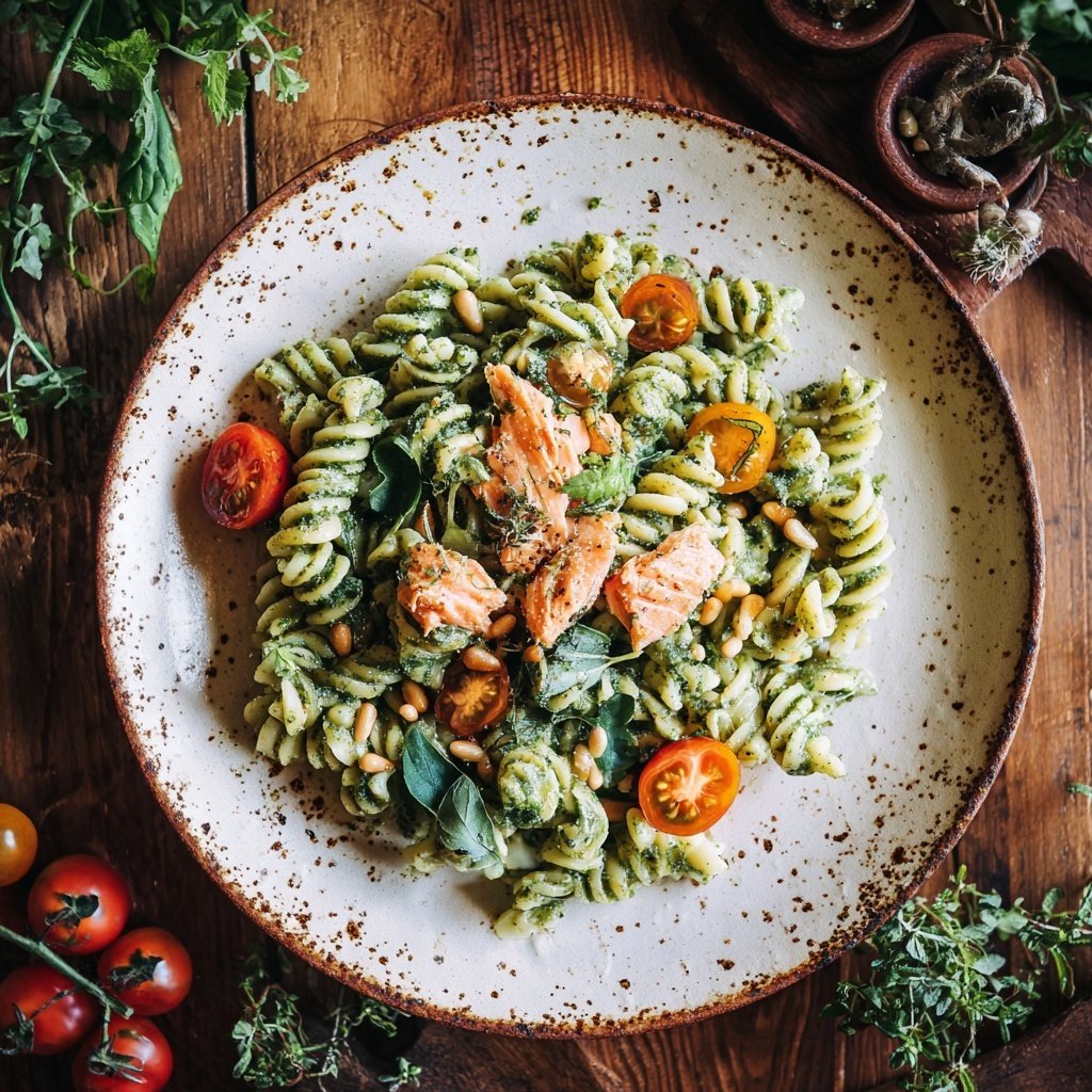 Salmon Pasta with Spinach Pesto